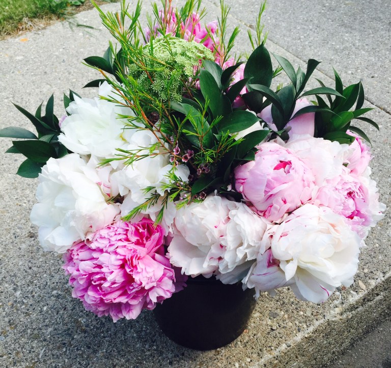 bucket of peonies